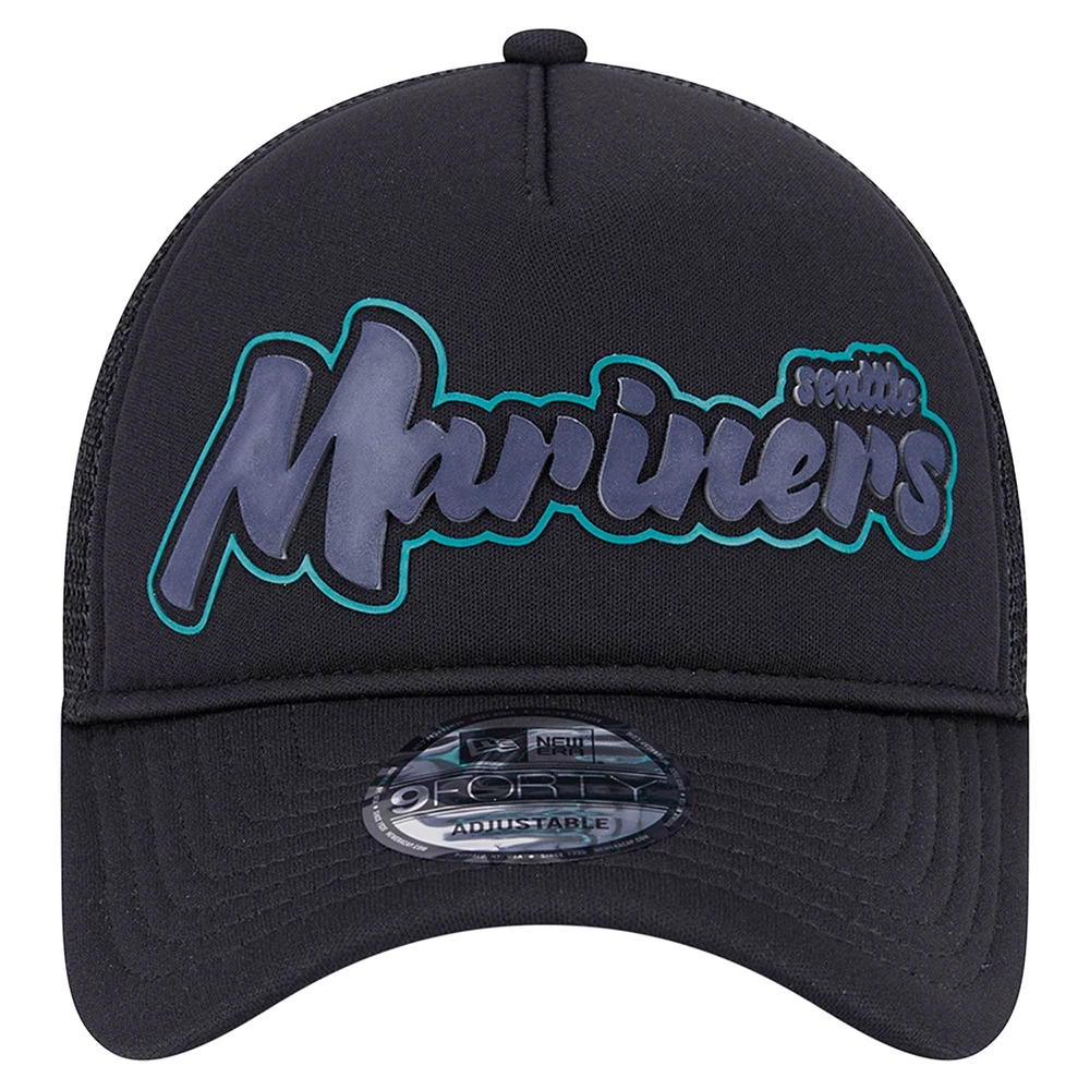 Casquette ajustable 9FORTY rétro A-Frame Trucker des Seattle Mariners de New Era pour homme, noire