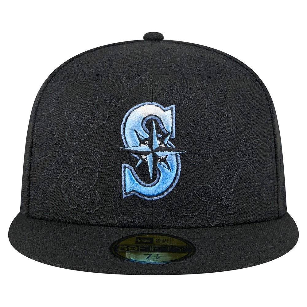 Men's New Era Black Seattle Mariners Tonal Koi 59FIFTY Fitted Hat