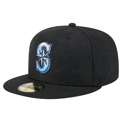 Men's New Era Black Seattle Mariners Tonal Koi 59FIFTY Fitted Hat