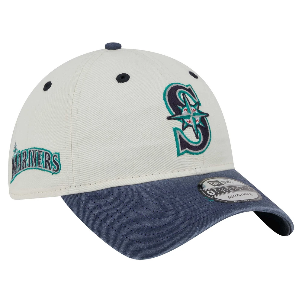 Casquette ajustable 9TWENTY Classic Sidescript de Seattle Mariners de New Era pour homme, couleur crème/bleu marine