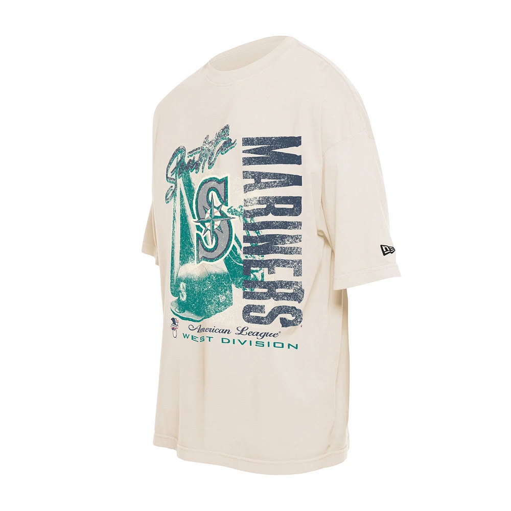 Men's New Era Cream Seattle Mariners Cooperstown Collection Oversized Throwback Distressed T-Shirt
