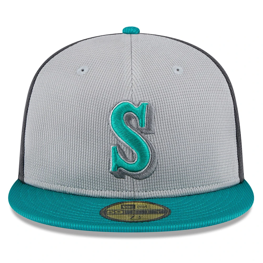 Men's New Era  Gray/Aqua Seattle Mariners 2025 Batting Practice 59FIFTY Fitted Hat