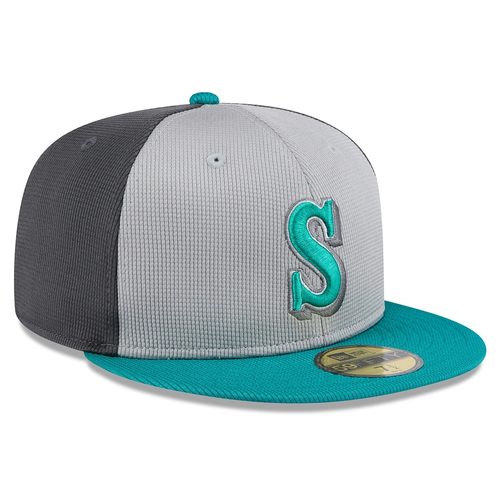 Men's New Era  Gray/Aqua Seattle Mariners 2025 Batting Practice 59FIFTY Fitted Hat