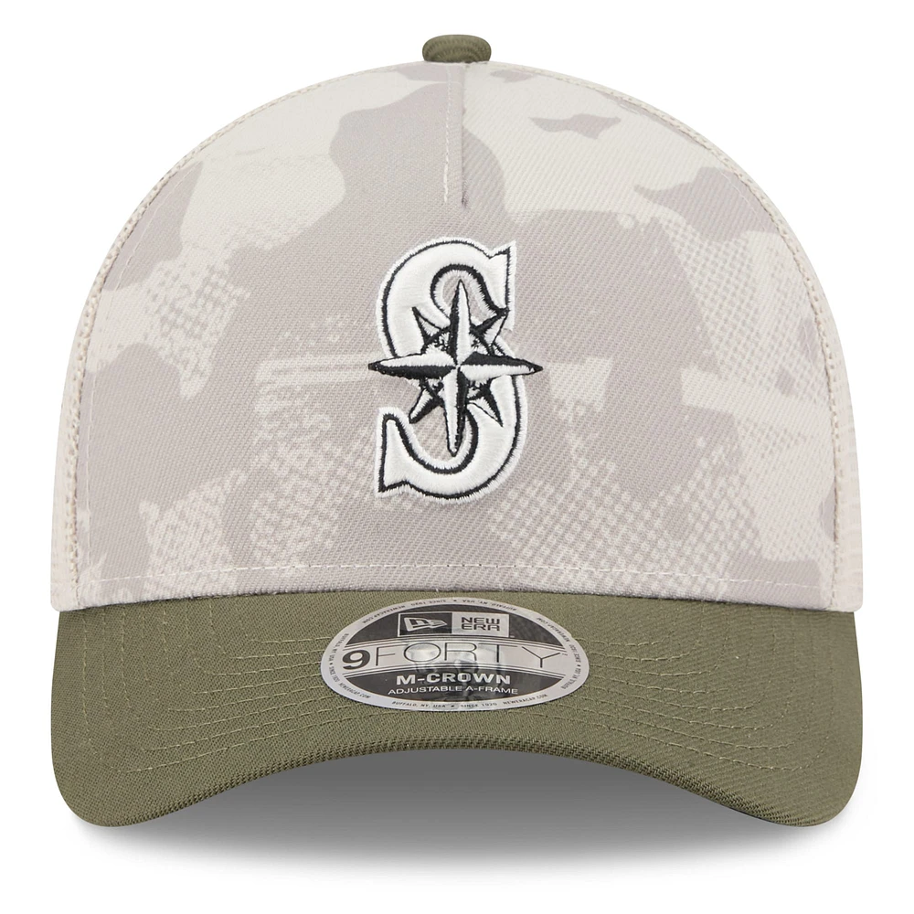 Men's New Era Light Beige/Olive Seattle Mariners 2025 Armed Forces Day 9FORTY M-Crown A-Frame Adjustable Hat