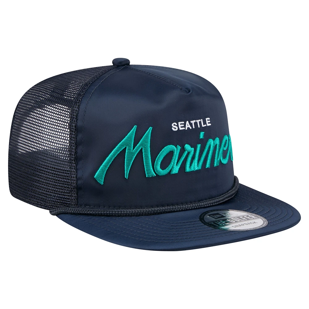 Casquette de golf ajustable rétro en satin bleu marine des Seattle Mariners de New Era pour homme