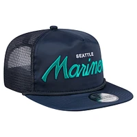 Casquette de golf ajustable rétro en satin bleu marine des Seattle Mariners de New Era pour homme