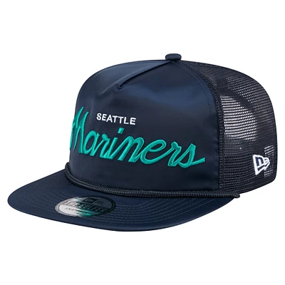 Casquette de golf ajustable rétro en satin bleu marine des Seattle Mariners de New Era pour homme