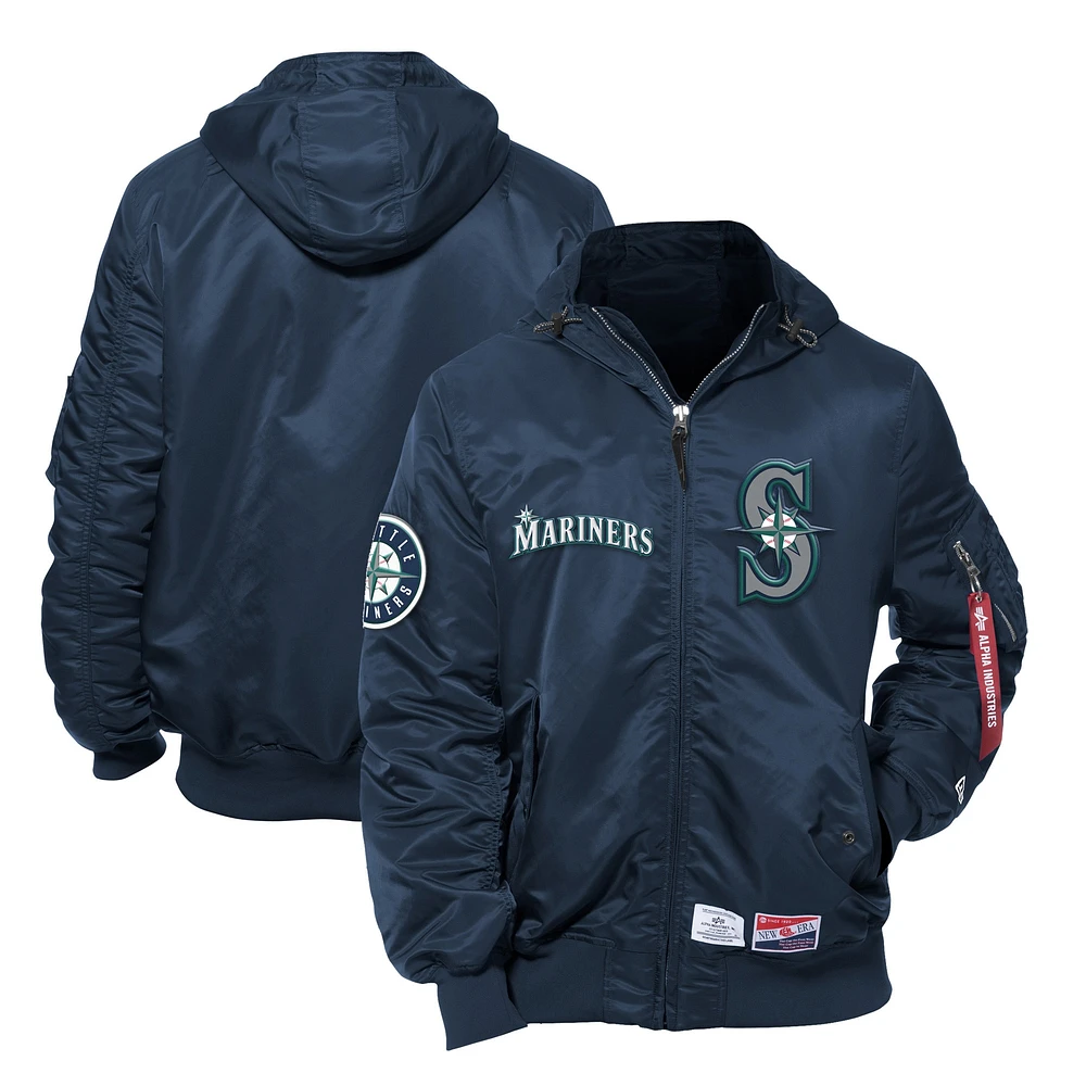 Men's New Era x Alpha Industries Navy Seattle Mariners Current Day Full-Zip Hooded Nylon Bomber Jacket