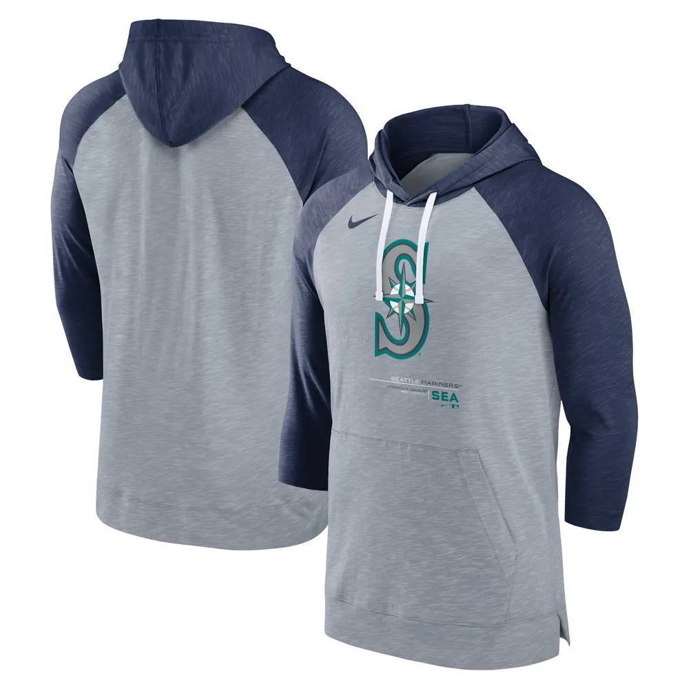 Chandail à capuchon manches 3/4 raglan de baseball Seattle Mariners Nike pour homme, gris chiné/bleu marine chiné