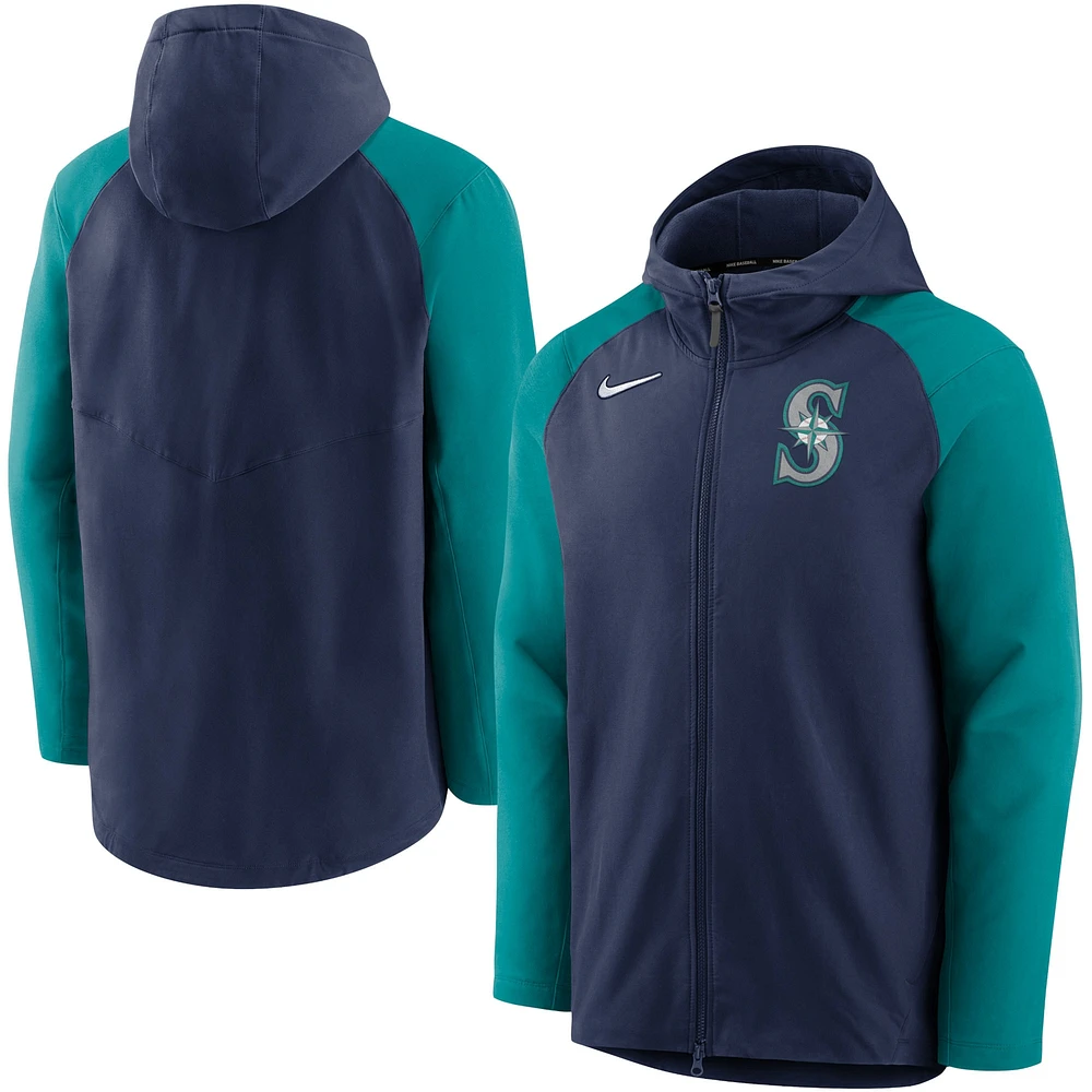 Sweat à capuche entièrement zippé Nike pour homme, bleu marine/aqua, Seattle Mariners Authentic Collection Performance Raglan