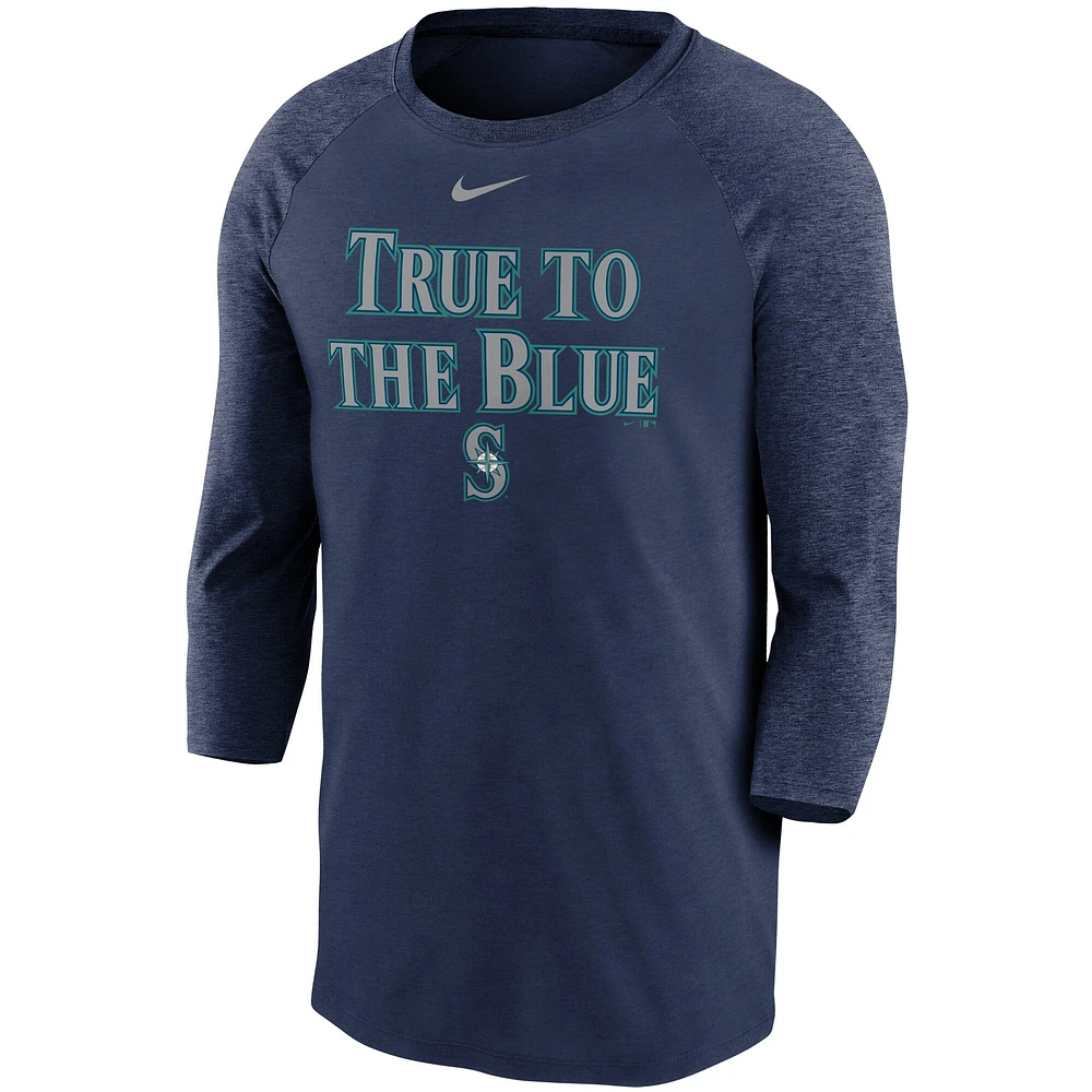 T-shirt raglan à manches 3/4 et Nike pour homme, bleu marine, Seattle Mariners, Local Phrase Tri-Blend