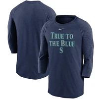 T-shirt raglan à manches 3/4 et Nike pour homme, bleu marine, Seattle Mariners, Local Phrase Tri-Blend