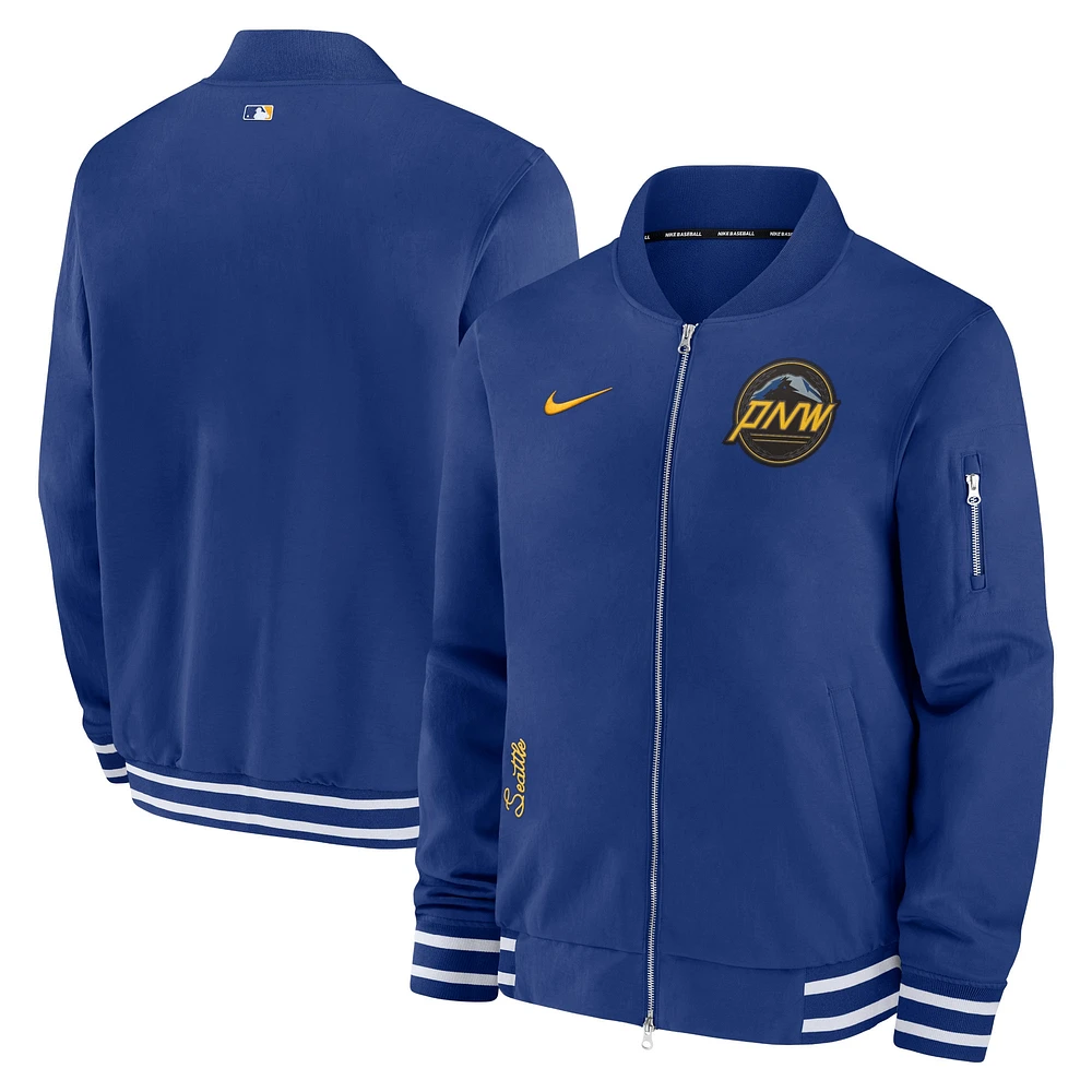 Veste Nike Royal Seattle Mariners City Connect Authentic Collection Game Time Bomber entièrement zippée pour homme