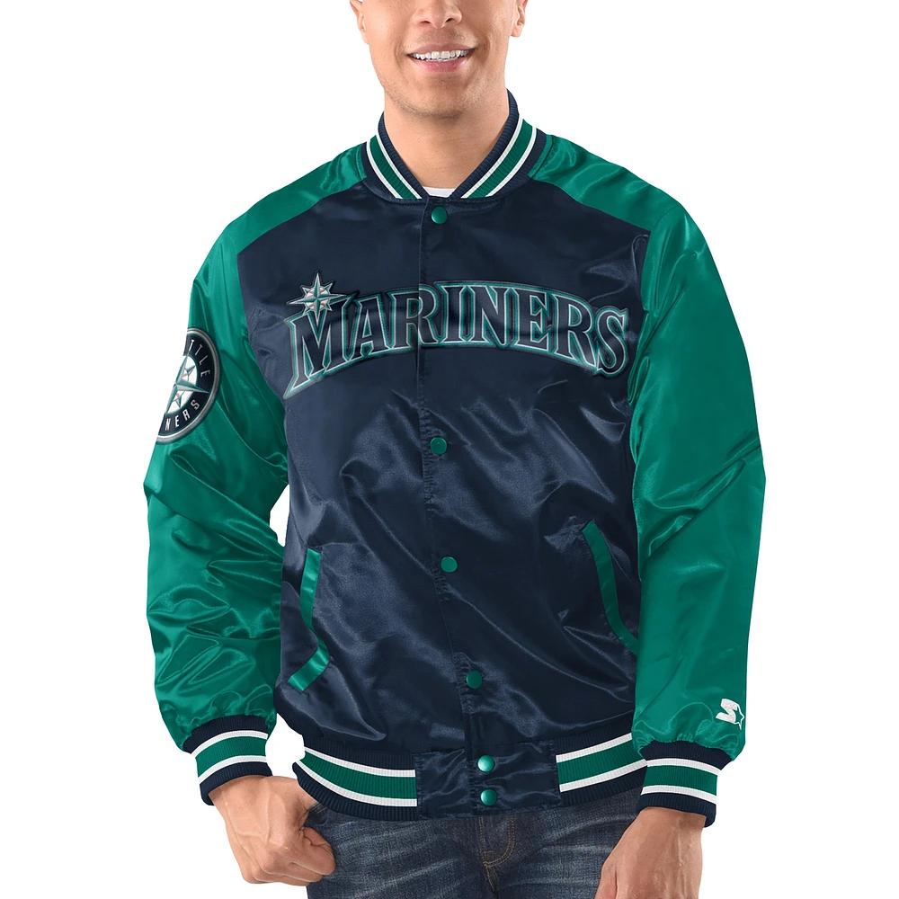 Veste à bouton-pression en satin pour hommes Starter Navy/Aqua Seattle Mariners Varsity