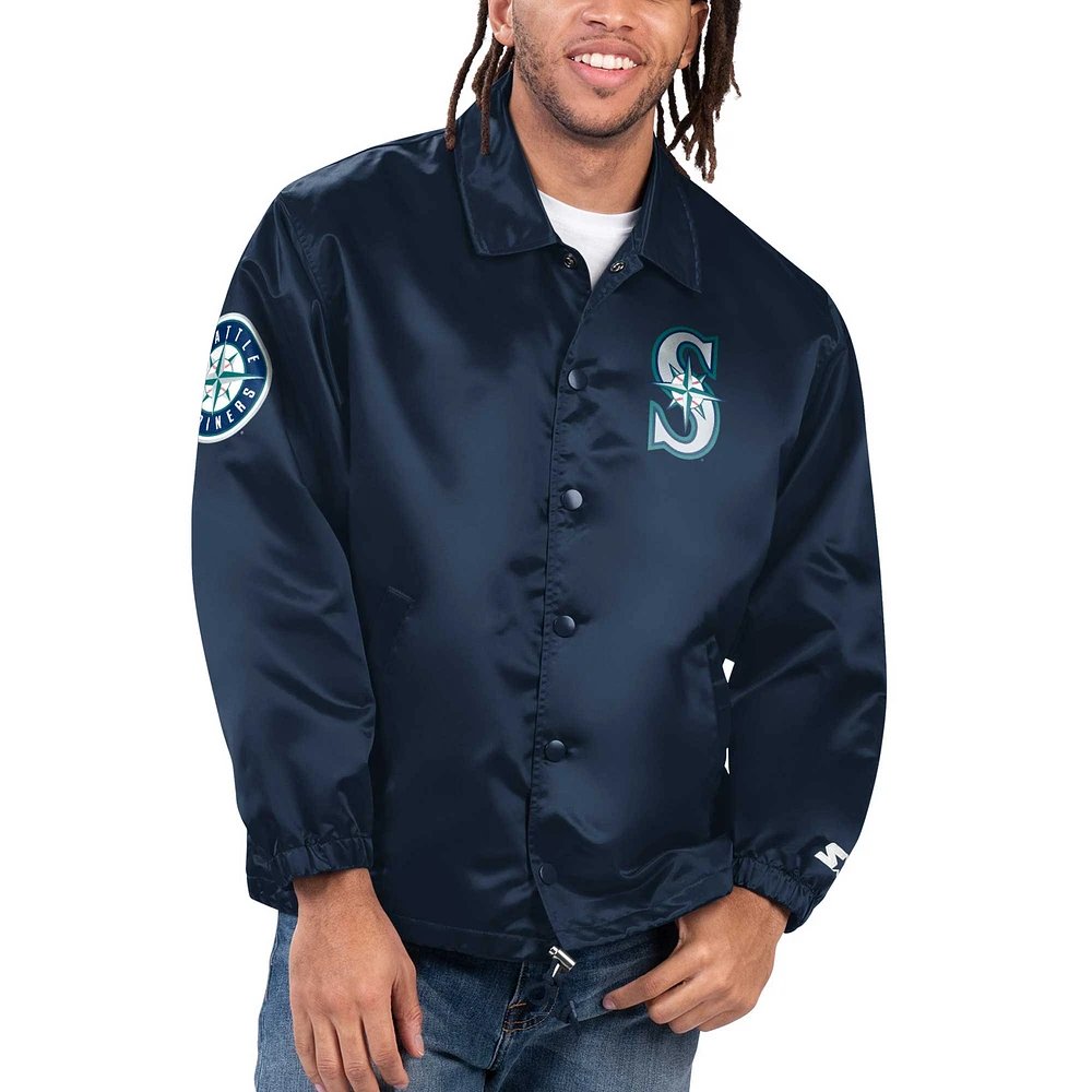 Men's Starter Navy Seattle Mariners Option Route Satin Full-Snap Jacket