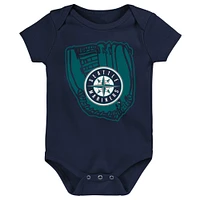 Newborn & Infant Aqua/Navy/White Seattle Mariners Minor League Player Three-Pack Bodysuit Set