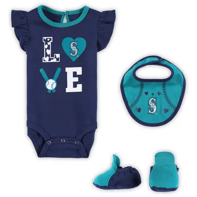 Seattle Mariners Newborn & Infant Three-Piece Love of Baseball Bib, Bodysuit Booties Set - Navy/Aqua