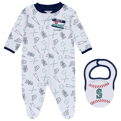 Newborn & Infant WEAR by Erin Andrews White Seattle Mariners Sleep Play Full-Zip Footed Jumper with Bib