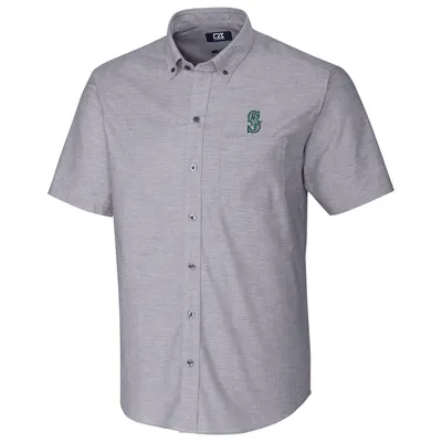 Seattle Mariners Cutter & Buck Short Sleeve Stretch Oxford Button-Down Shirt - Charcoal