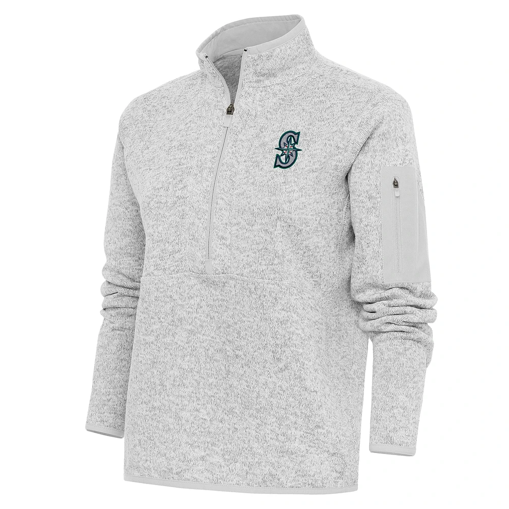 Women's Antigua Heather Gray Seattle Mariners Logo Fortune Quarter-Zip Pullover Jacket