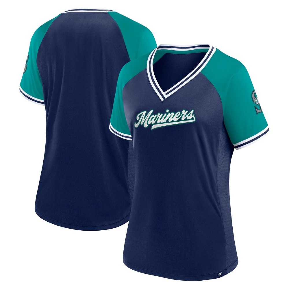 T-shirt à col en V Fanatics Navy Seattle Mariners Glitz & Glam League Diva Raglan pour femmes