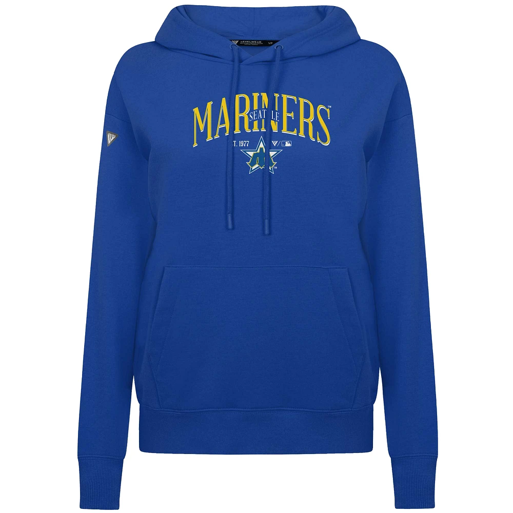 Women's Levelwear Royal Seattle Mariners  Adorn Throwback Spellout Pullover Hoodie