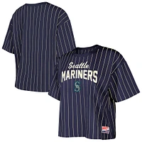 Women's New Era Navy Seattle Mariners Cooperstown Collection Multiplier Pinstripe Cropped T-Shirt