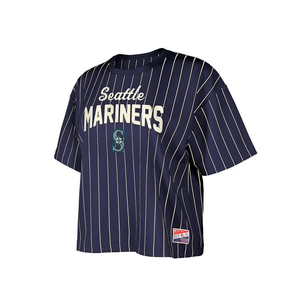 Women's New Era Navy Seattle Mariners Cooperstown Collection Multiplier Pinstripe Cropped T-Shirt
