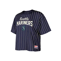 Women's New Era Navy Seattle Mariners Cooperstown Collection Multiplier Pinstripe Cropped T-Shirt