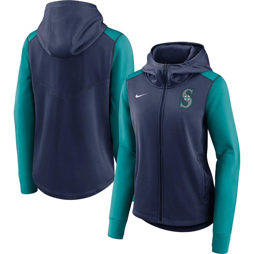 Sweat à capuche entièrement zippé Nike Seattle Mariners Authentic Collection Baseball Performance pour femme bleu marine/aqua