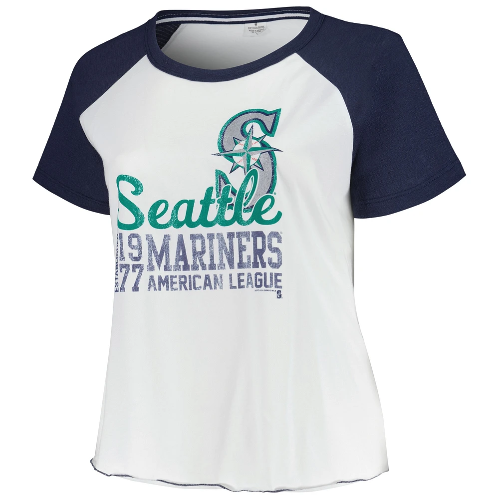 T-shirt de baseball raglan taille plus pour femmes, doux comme un raisin, Seattle Mariners, blanc