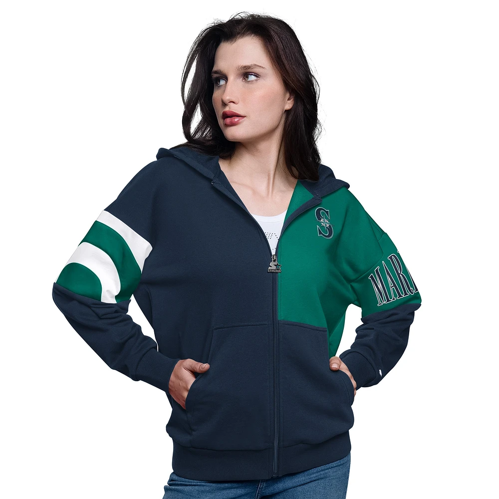 Women's Starter Navy/Aqua Seattle Mariners Curve Ball Full Zip Hoodie Sweatshirt