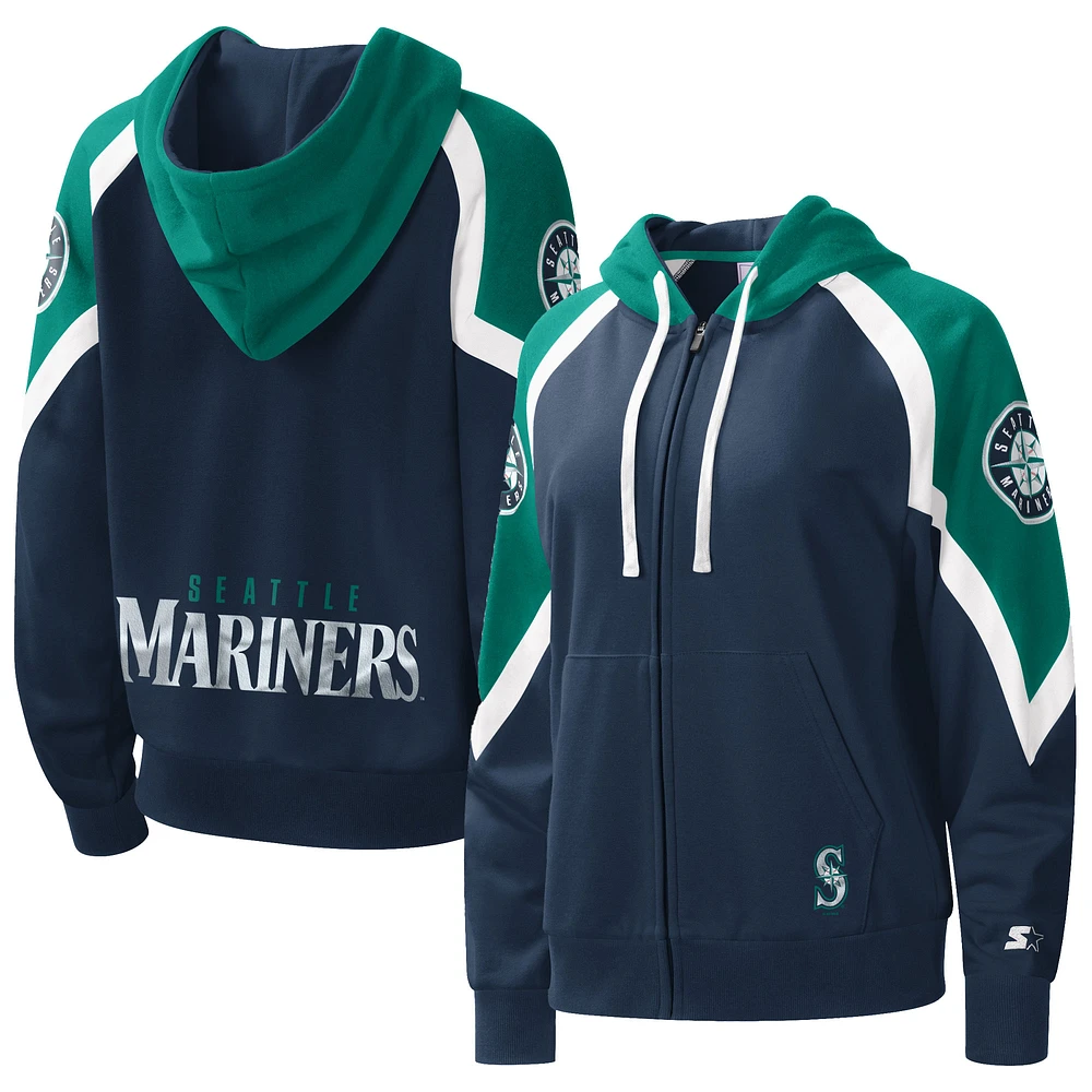 Women's Starter Navy/Aqua Seattle Mariners Hail Mary Raglan Full-Zip Hoodie