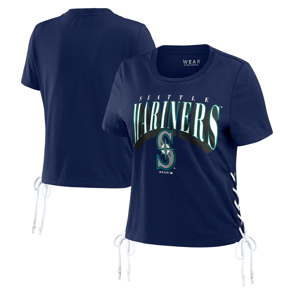 Women's WEAR by Erin Andrews Navy Seattle Mariners Side Lace-Up Cropped T-Shirt