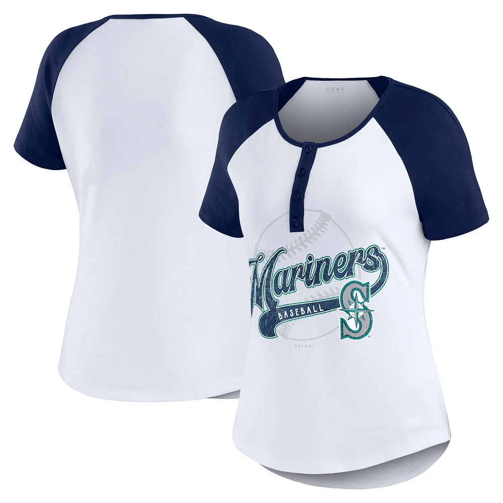 Women's WEAR by Erin Andrews White/Navy Seattle Mariners Fitted Henley Raglan T-Shirt