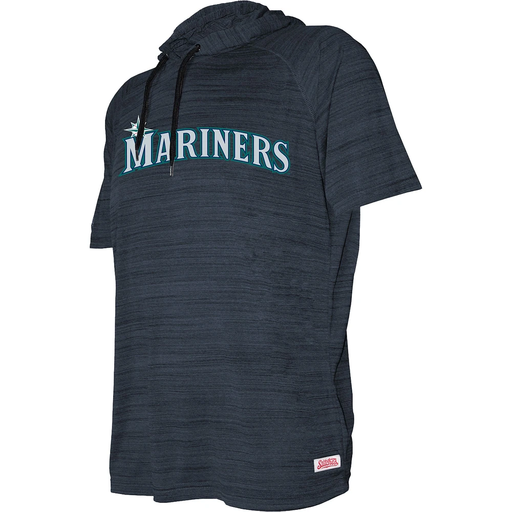 Youth Stitches Heather Navy Seattle Mariners Raglan Short Sleeve Pullover Hoodie