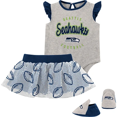 Girls Infant Heather Gray/Navy Seattle Seahawks All Dolled Up Three-Piece Bodysuit, Skirt & Booties Set