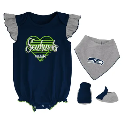 Seattle Seahawks Girls Newborn & Infant All The Love Bodysuit, Bib Booties Set - College Navy/Heathered Gray
