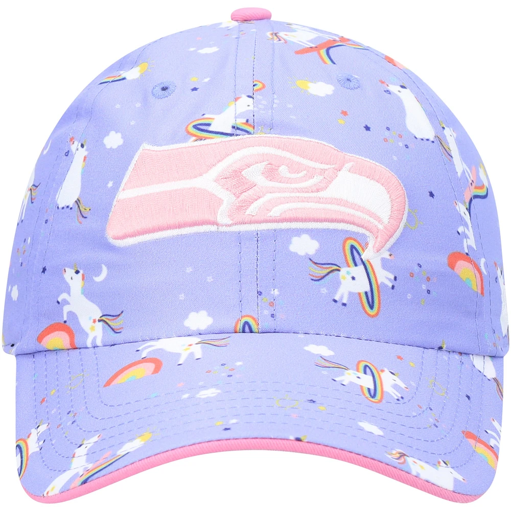 Bonnet réglable pour fille d'âge préscolaire '47 violet Seattle Seahawks Unicorn Clean Up