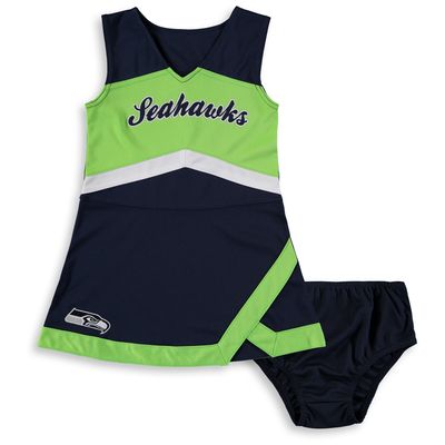 Girls Preschool College Navy/Neon Green Seattle Seahawks Cheer Captain Jumper Dress