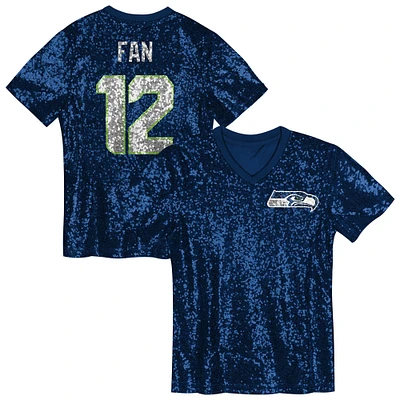 Maillot à col en V sequins pour jeunes filles de 12 ans Fan College Navy Seattle Seahawks