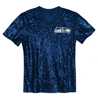 Girls Youth College Navy Seattle Seahawks Wordmark Sequin V-Neck Top