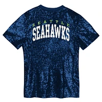 Girls Youth College Navy Seattle Seahawks Wordmark Sequin V-Neck Top