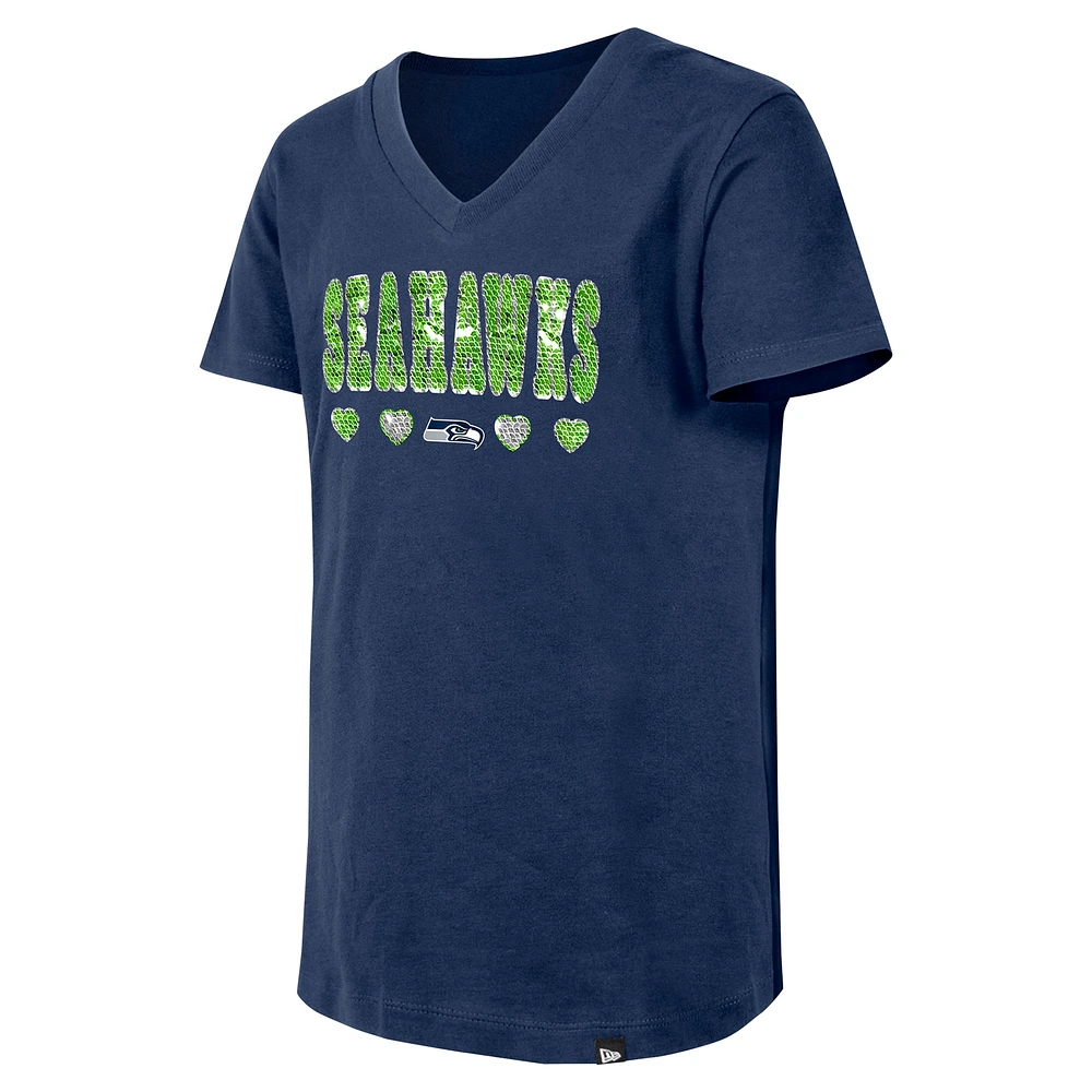 T-shirt à col en V sequins inversés pour filles New Era College Navy Seattle Seahawks