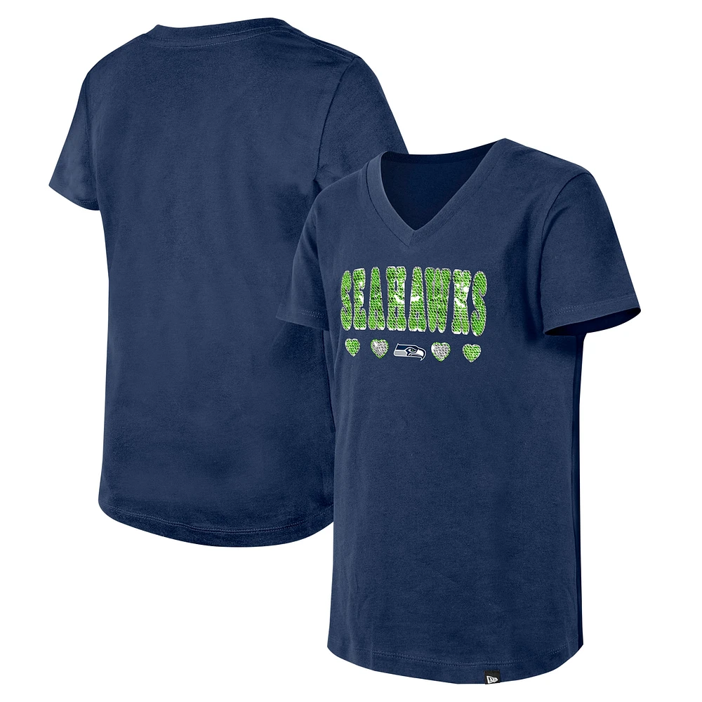 T-shirt à col en V sequins inversés pour filles New Era College Navy Seattle Seahawks