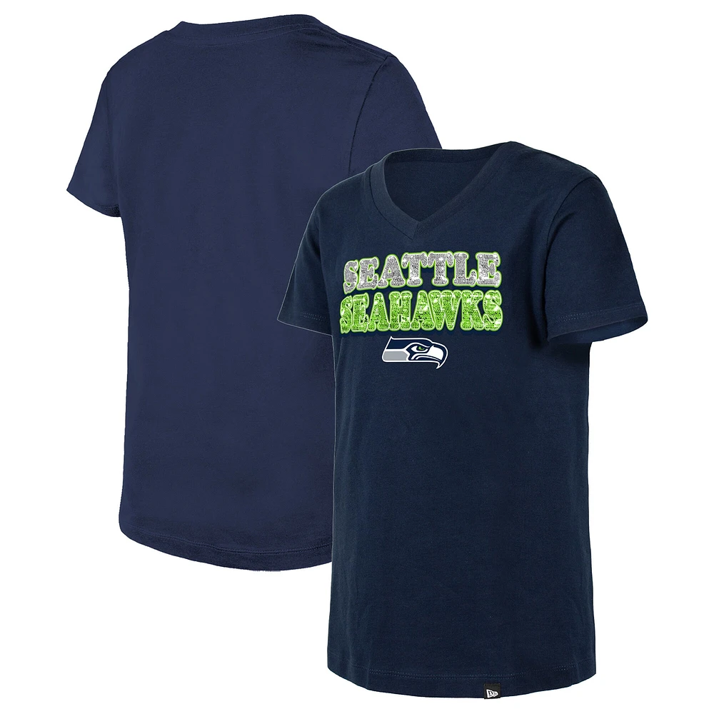 T-shirt à col en V sequins inversés Seattle Seahawks New Era College Navy pour fille