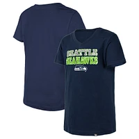 T-shirt à col en V sequins inversés Seattle Seahawks New Era College Navy pour fille