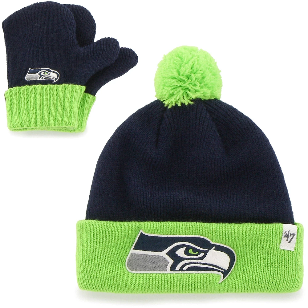 Bébé '47 College Navy/Neon Green Seattle Seahawks Bam Bam Cuffed Knit Hat With Pom and Mittens Set