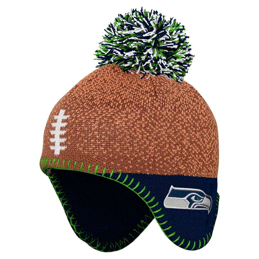 Bonnet tricoté marron pour bébé avec pompon pour football des Seattle Seahawks