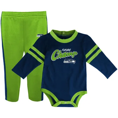 Seattle Seahawks Infant Little Kicker Long Sleeve Bodysuit & Pants Set - College Navy/Neon Green